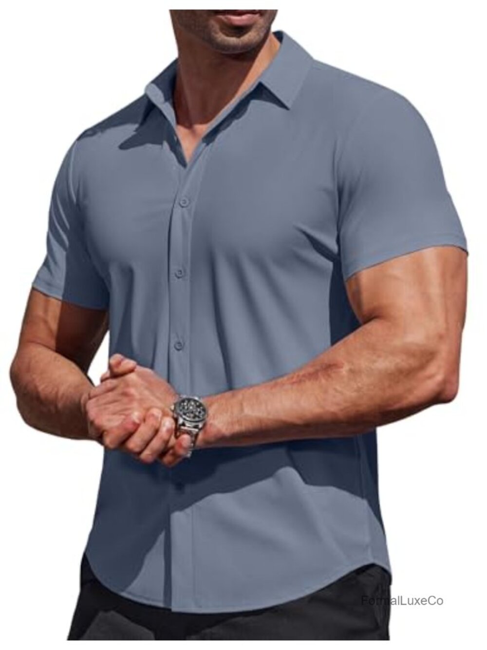 Men's Muscle Fit Wrinkle Free Short Sleeve Button Down Dress Shirt 4-Way Stretch